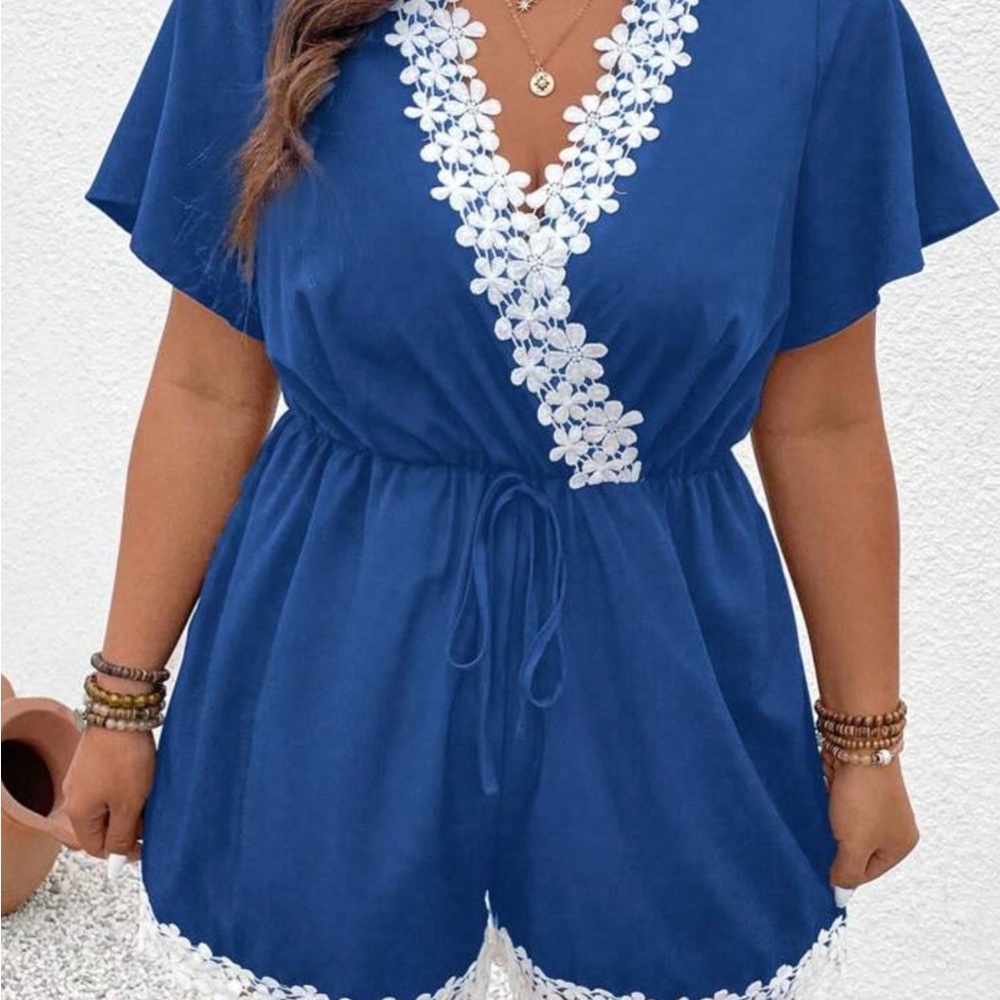 Blue Floral Trim Jumpsuit